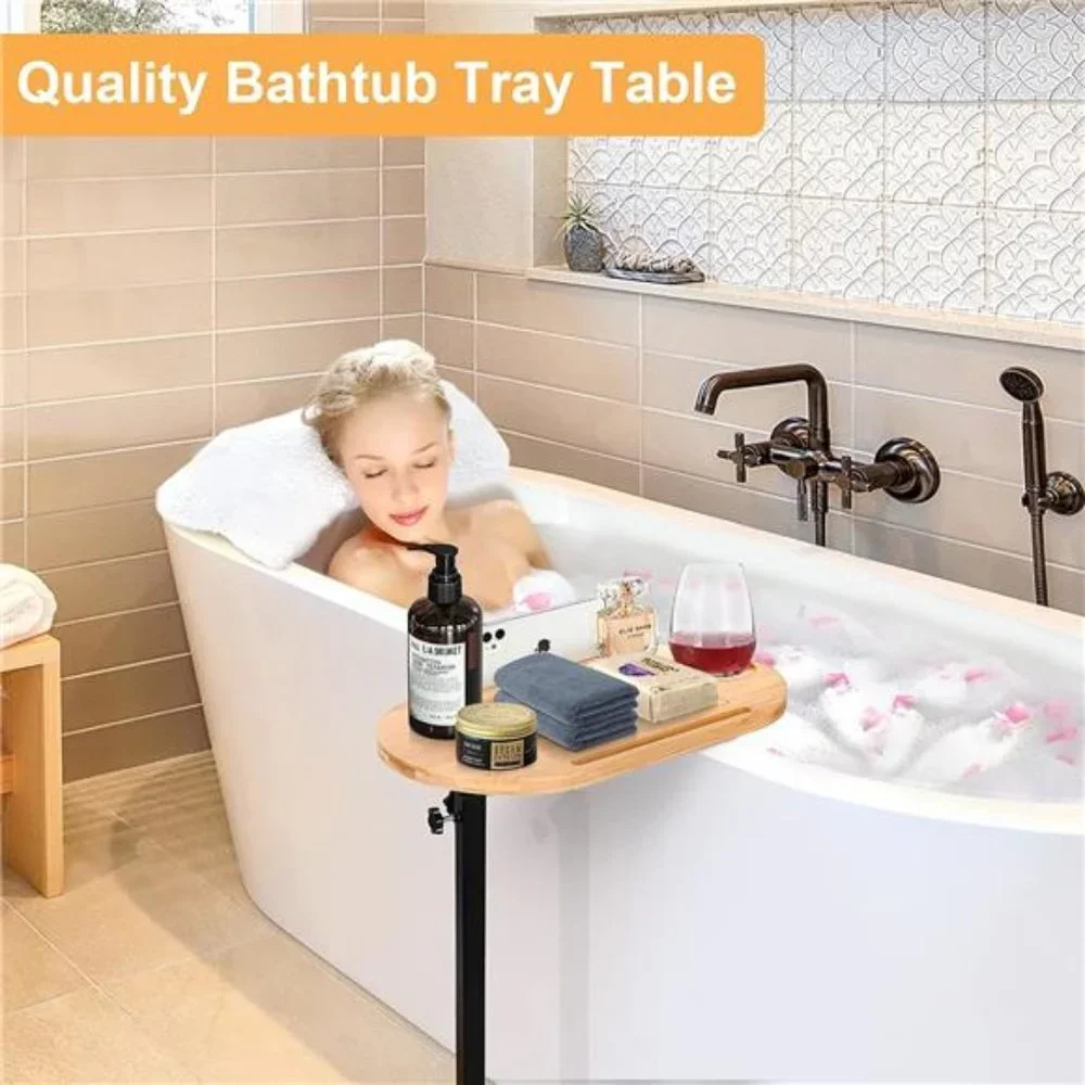 Bamboo Bathtub Tray Table with Adjustable Height  Wine Glass Phone Holder